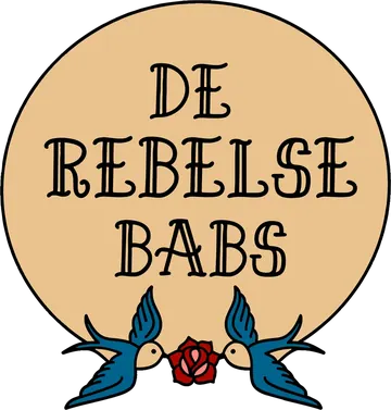 Embleem van De Rebelse Babs: twee zwaluwen en een roos